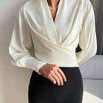 Long Sleeves Solid Color Zipper V-neck Blouses&shirts Tops