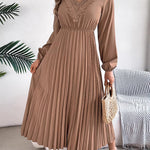 Elasticated Waist High Waisted Pleated Solid Color V-Neck Midi Dresses
