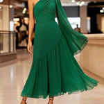 Long Sleeves Loose Pleated Solid Color Zipper One-Shoulder Maxi Dresses