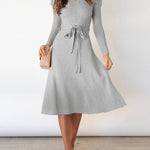 High Waisted Long Sleeves Solid Color Tied Waist Round-Neck Midi Dresses Sweater Dresses