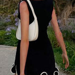 High Waisted Sleeveless Ruffle Trim Solid Color Round-Neck Mini Dresses