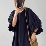 Causal Plus Size Pleated Raglan Sleeve V-Neck Midi Dress