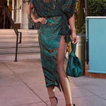 Wrap V Neck Drawstring Batwing Sleeves Slit Printed Midi Dress