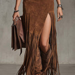 Margovil High Rise Denim Splice Faux Suede Slit Fringe Maxi Skirt