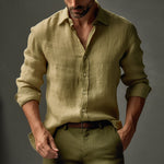 Men's Casual Solid Color Linen Lapel Slim Fit Long Sleeve Shirt