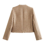Button Up Frayed Hem Short Tweed Jacket