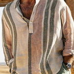 Men's V-neck Striped Print Loose Lapel Cotton Linen Shirt