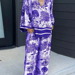 Margovil Lapel V Neck Long Sleeves Shirt Wide Leg Pants Printed Casual Set
