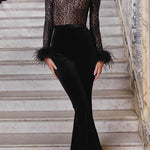 Margovil Feather Cuffs Bell Bottom Velvet Splice Jumpsuit