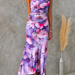 Sleeveless One Shoulder Ruched Floral Print Maxi Ruffle Dress