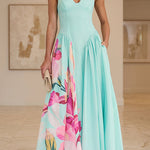 V Neck Sleeveless Basque Waist Floral Print Maxi Dress