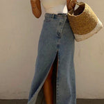 Margovil Raw Hem High Slit Maxi Denim Skirt