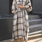 Long Sleeves Loose Plaid Split-Joint Tied Waist Lapel Maxi Dresses Shirt Dress
