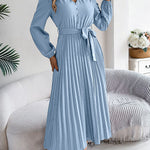 High Waisted Long Sleeves Belted Buttoned Pleated Solid Color V-Neck Maxi Dresses
