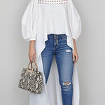 High-Low Long Sleeves Hollow Pleated Solid Color Round-Neck Blouses&Shirts Tops