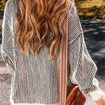 Bright Pink Striped Contrast Trim Loose Sweater