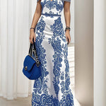Bodycon High Waisted Flower Print Hollow Pockets Cold Shoulder Maxi Dresses
