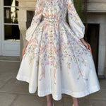 Moira Long Puff Sleeve Multicolor Floral Midi Dress