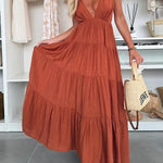 Bohemian Style V-neck Backless Slip Layered Vacation Maxi Dress