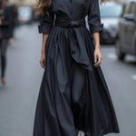Shirt-collar, fitted-waist long dress