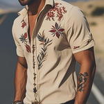 Men's Spring/Summer Fashion Retro Western Style Suede Embroidered Short Sleeve Shirt