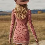 Western Style V-neck Fringed Heart Print Faux Suede Long-sleeved Mini Dress