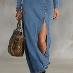 V-neck Single-breasted Side-slit Denim Long-sleeved Maxi Dress