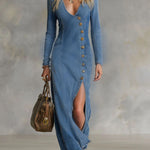 V-neck Single-breasted Side-slit Denim Long-sleeved Maxi Dress