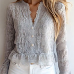 Stylish V-neck Button Down Long Sleeve Lace Shirt