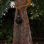 Halter V Neck Open Back Floral Print Maxi Dress