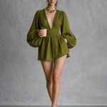 Women's Vacation Style Olive Green Cotton-blend V-neck Belted Jumpsuit Shorts