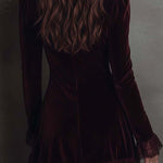 Polyester Velvet Lace Trim Mini Dress - Burgundy