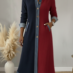 Denim Patchwork Contrast Lapel Button Midi Dress