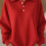 Women's Casual Polo Button Waffle Top Sweatshirt
