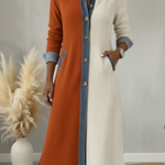 Denim Patchwork Contrast Lapel Button Midi Dress