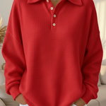 Women's Casual Polo Button Waffle Top Sweatshirt
