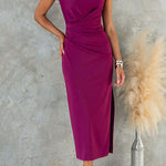 Ruched Cap Sleeve Side Slit Bodycon Midi Dress