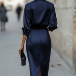 Elegant Satin Draped-Collar Midi Dress With Black Belt