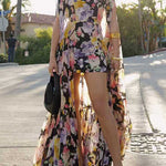 Boat Neck Floral Print High Low Hem Maxi Dress