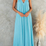 Halter V Neck Open Back Pleated Maxi Dress