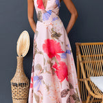 Halter V Neck Lace-up Floral Print Swing Maxi Dress