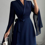 A-Line Elasticated Waist Interlace See-Through Solid Color Split-Joint Split-Side Tied Waist V-Neck Mini Dresses