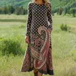 Women's Vintage Cashew Flower Art Print Long-sleeved Dress