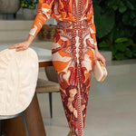 Margovil V Neck Long Sleeves Ruched Slit Printed Midi Dress