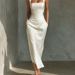 Women's Simple White Cotton And Linen Blend Sleeveless Midi Dress