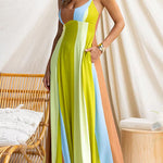 Adjustable Strap Striped Color Block Pocketed Maxi Dress