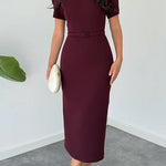 Mockneck Puff Short Sleeves Back Slit Midi Dress