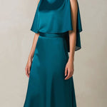 Teal Draped Cape-Sleeve Midi Dress
