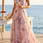 Deep V Neck Sleeveless Floral Print Swing Maxi Dress