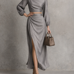 Women's Premium Gray Woven Twill Fabric Off-the-shoulder Top And Slit Skirt Set